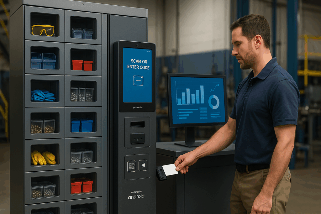 Compact automated dispensing cabinet in a factory setting