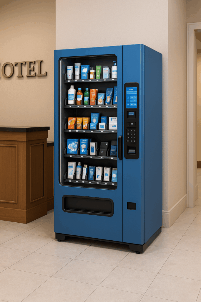 Automated locker unit installed in a hotel corridor