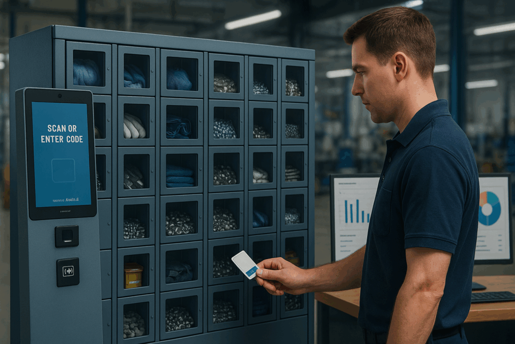 Large automated dispensing cabinet on a factory floor