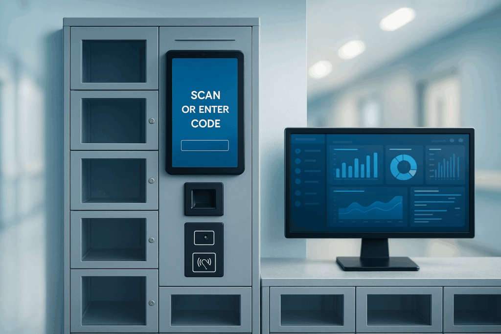Bank of automated lockers in a modern hallway