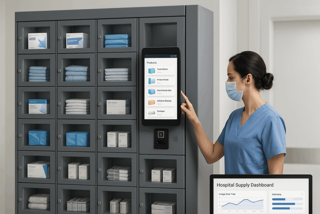 Hospital supply cabinet being restocked