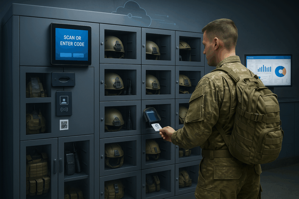 Secure equipment dispensing cabinet in a military facility