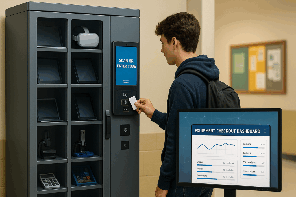 Student checking out at a self-service kiosk